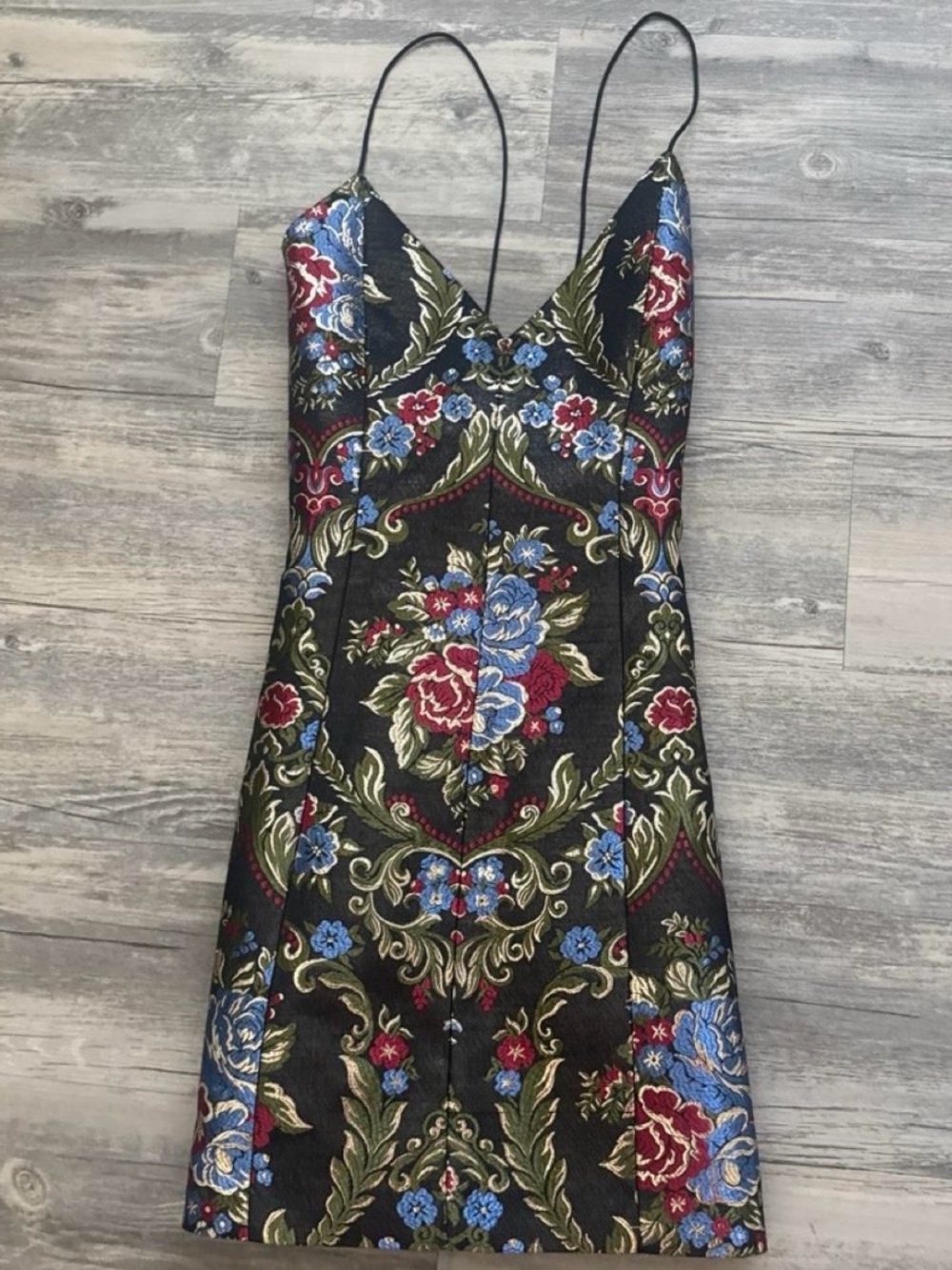 Alice + Olivia Black Floral Jacquard Mini Dress with Red & Blue Accents